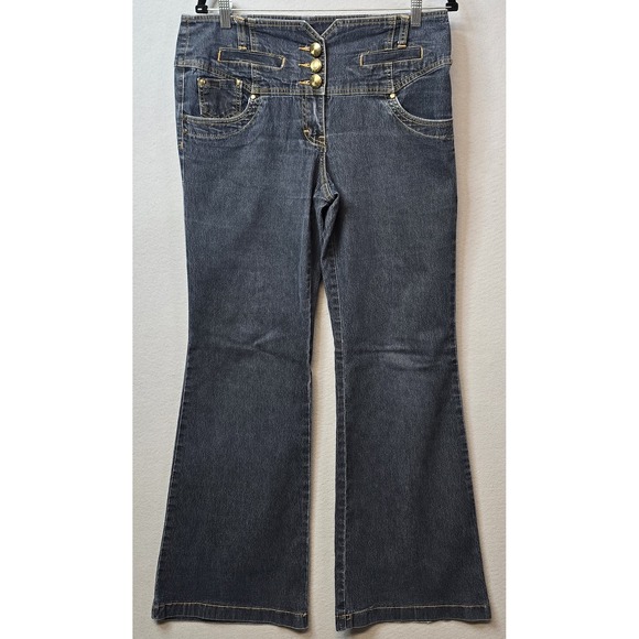 Bisou Bisou Jeans Womens 12 Blue‎ Flare High Rise Triple Button Y2k Retro Gold - Picture 1 of 13